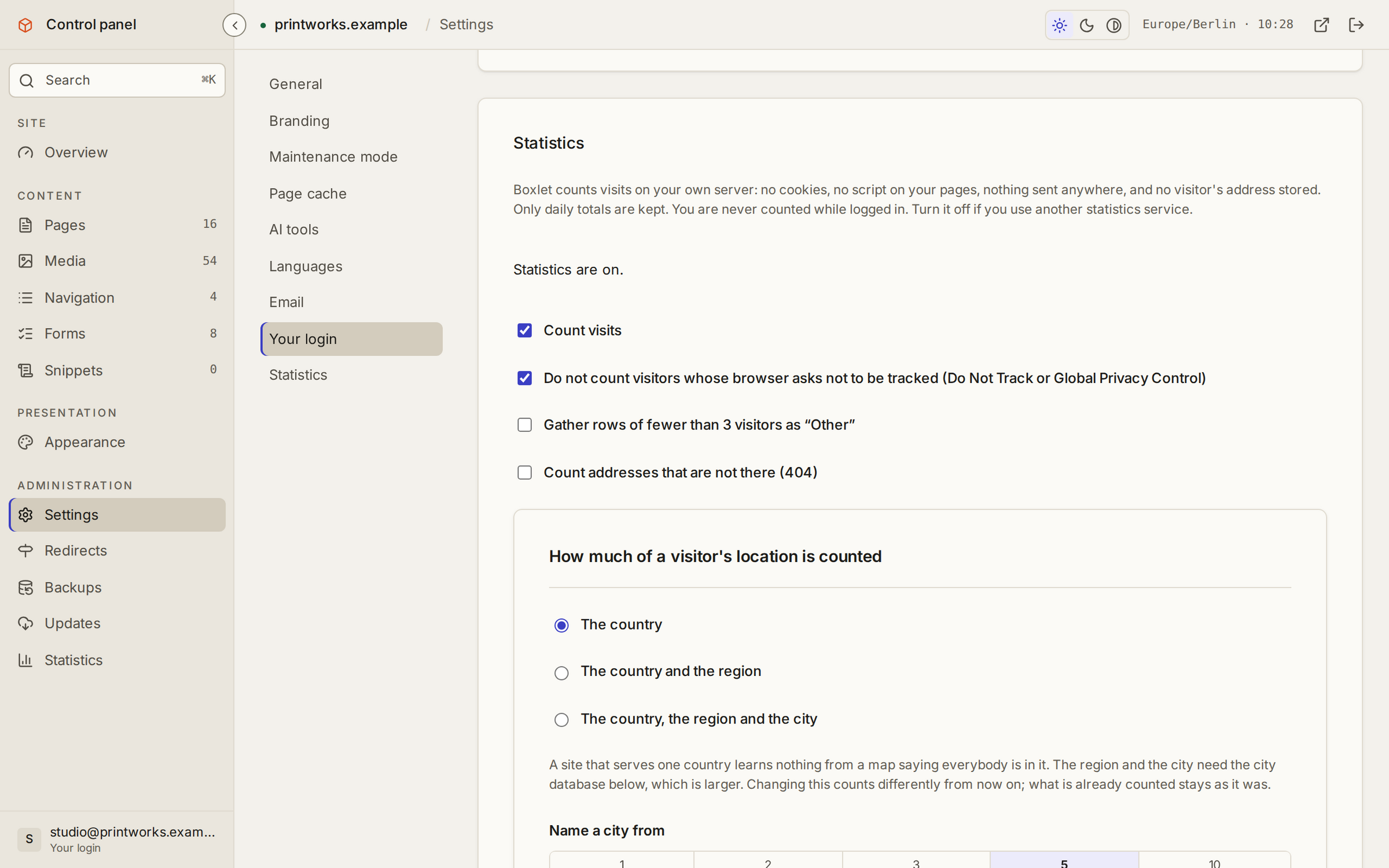 The statistics settings: counting on, Do Not Track honoured, and how much of a visitor's location is counted.