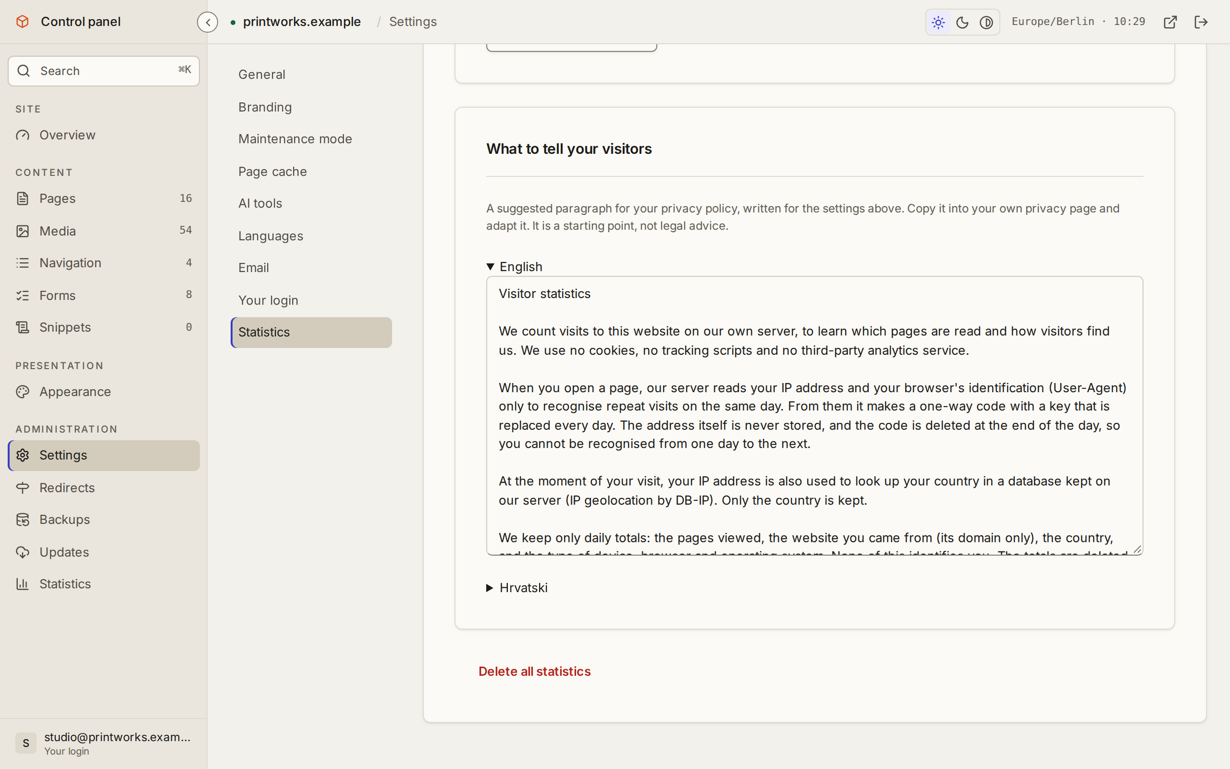 A suggested paragraph for the privacy policy, written from the site's statistics settings, in each of the site's languages.