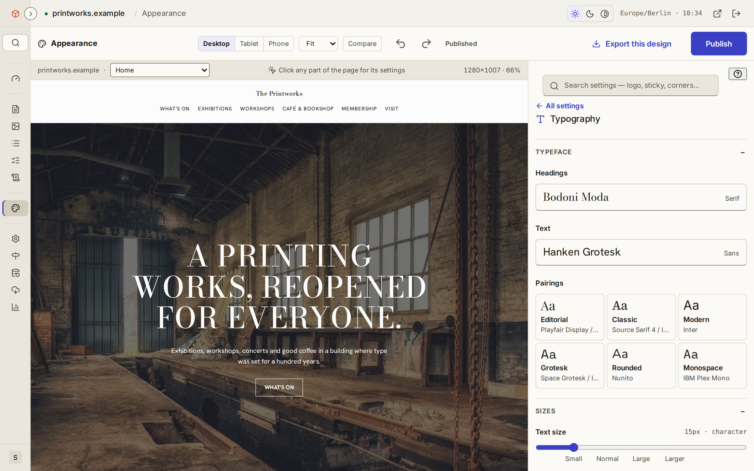 Appearance: the typefaces for headings and text, ready pairings to choose from, and the text size.