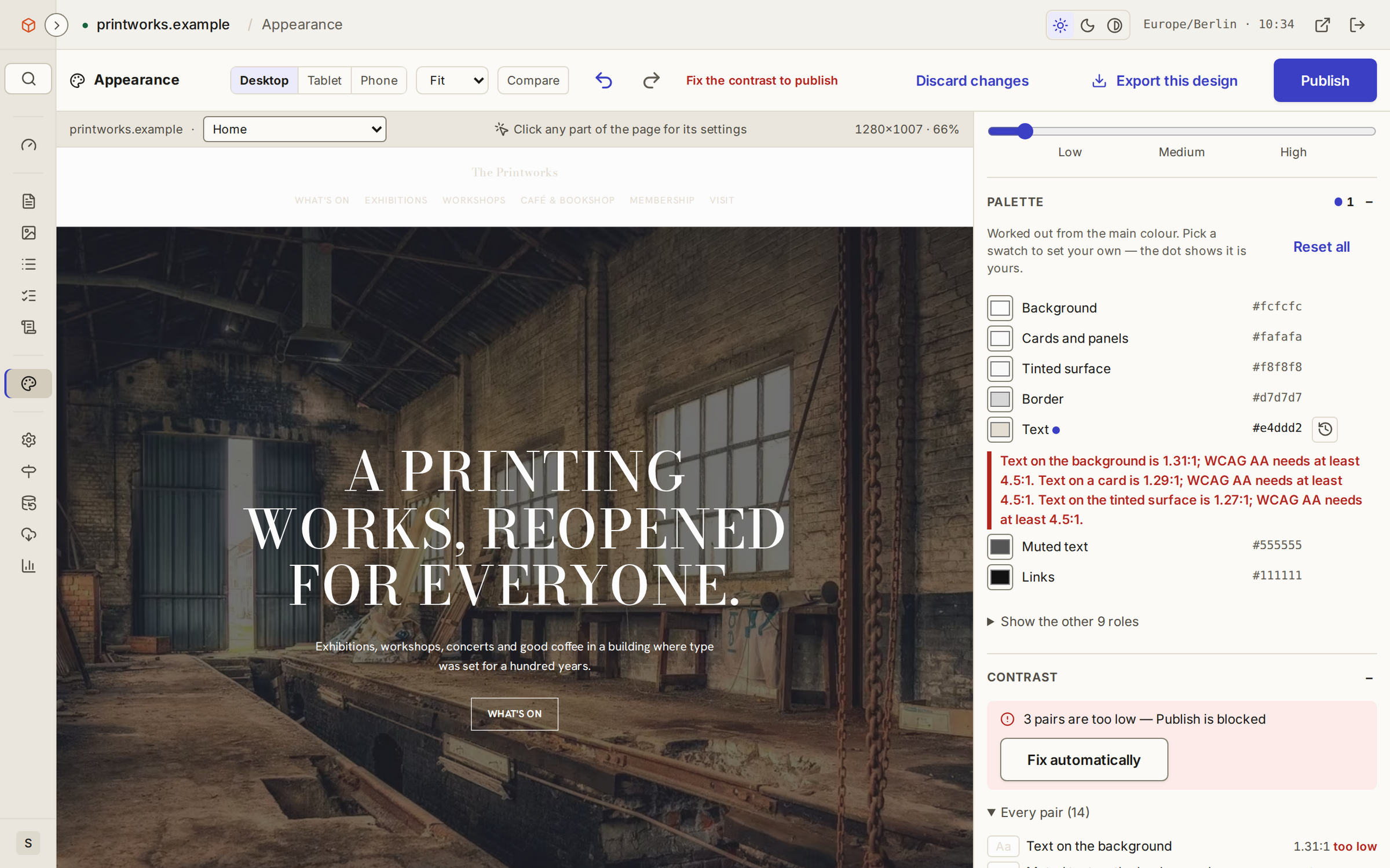 Appearance refusing to publish a design: it names the colour pairs that are too hard to read and offers to fix them automatically.