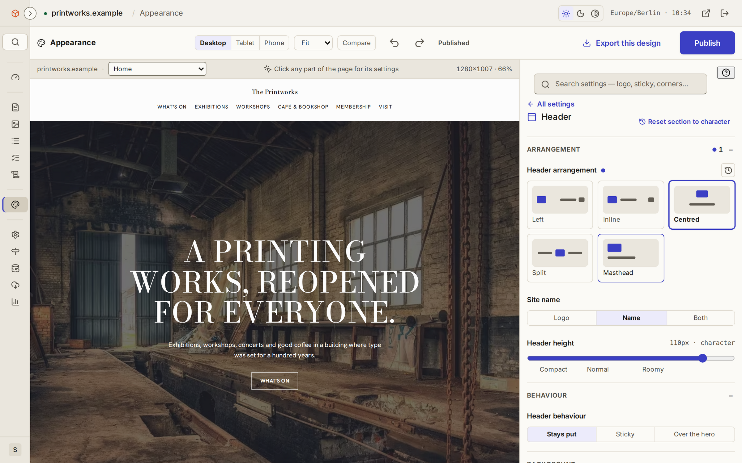 Appearance: the header's arrangements, how the site's name is shown, its height and how it behaves on scroll.
