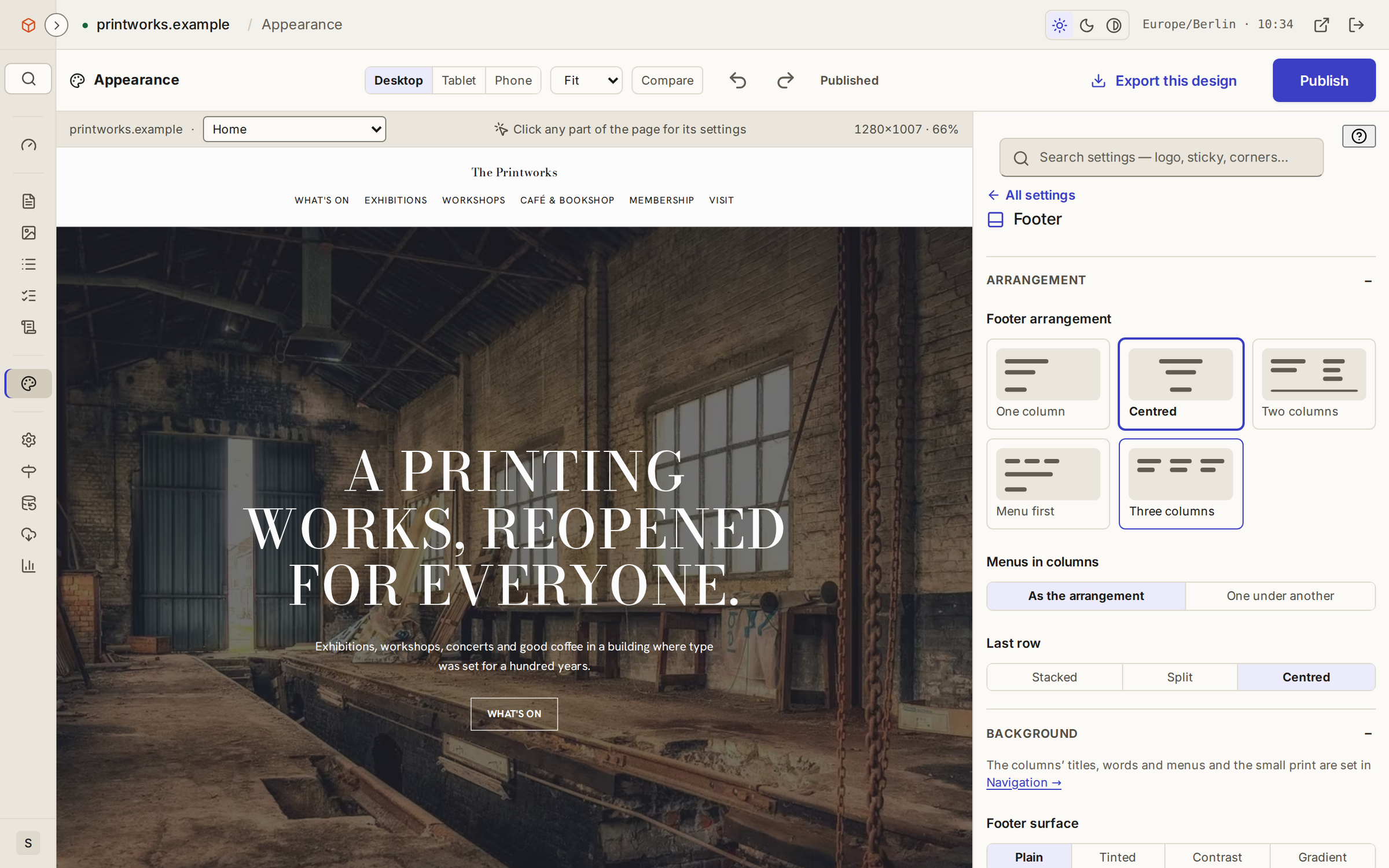 Appearance: the footer's arrangements, its menus in columns, its last row and its surface.