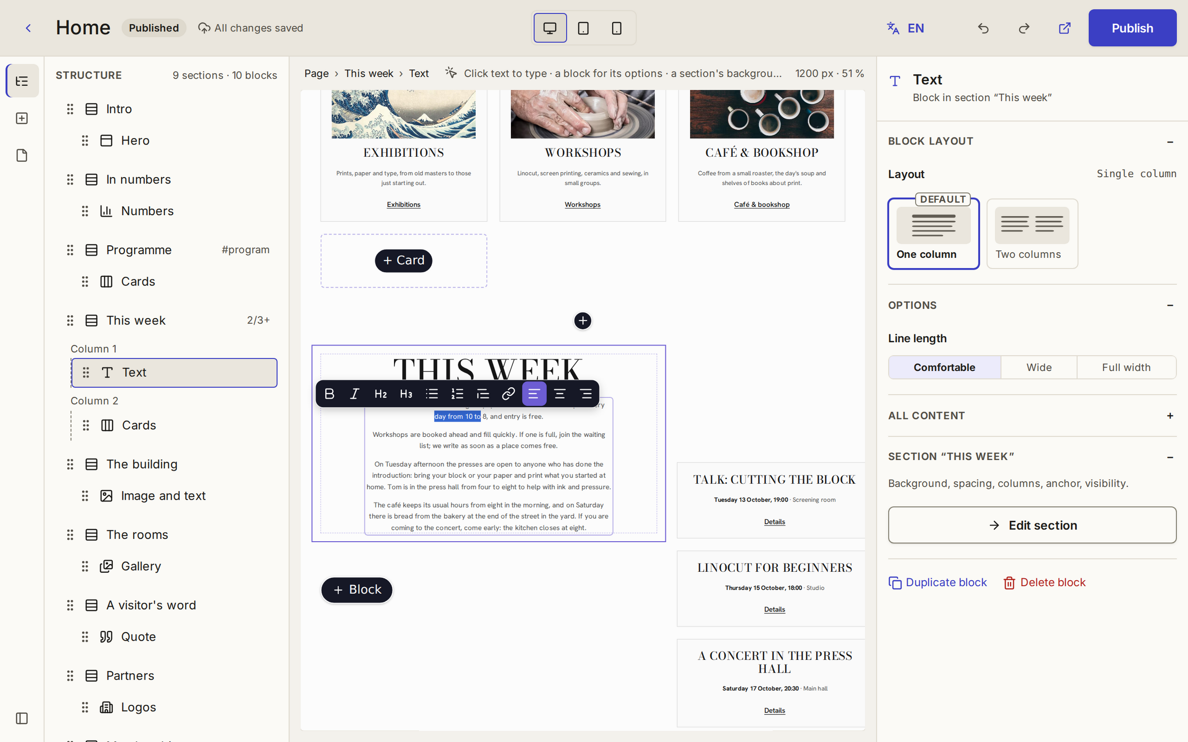 Words selected on the page in the builder, with the toolbar for bold, a link and a list above them.