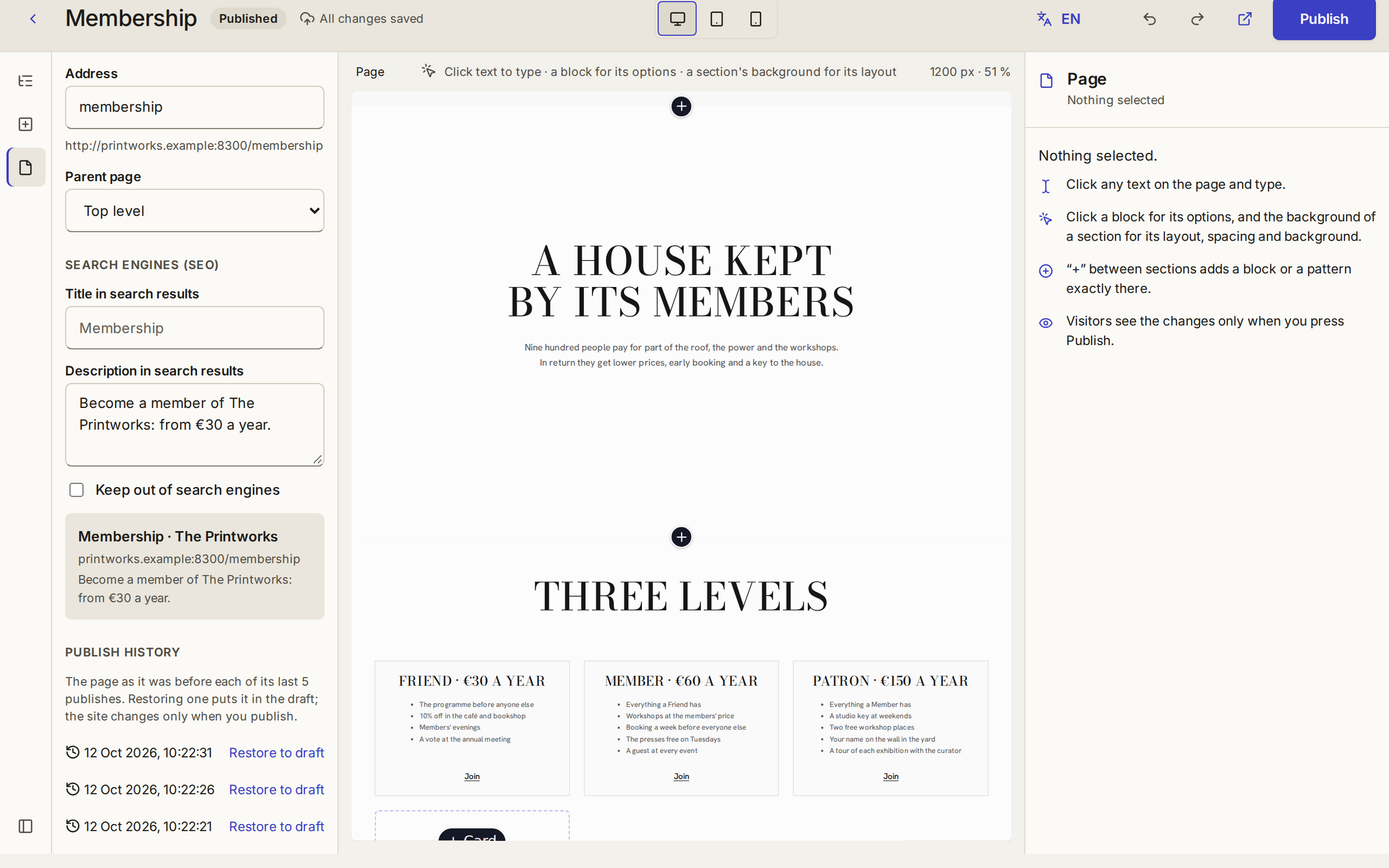 A page's settings in the builder, with its publish history: each recent version with a button to restore it to the draft.