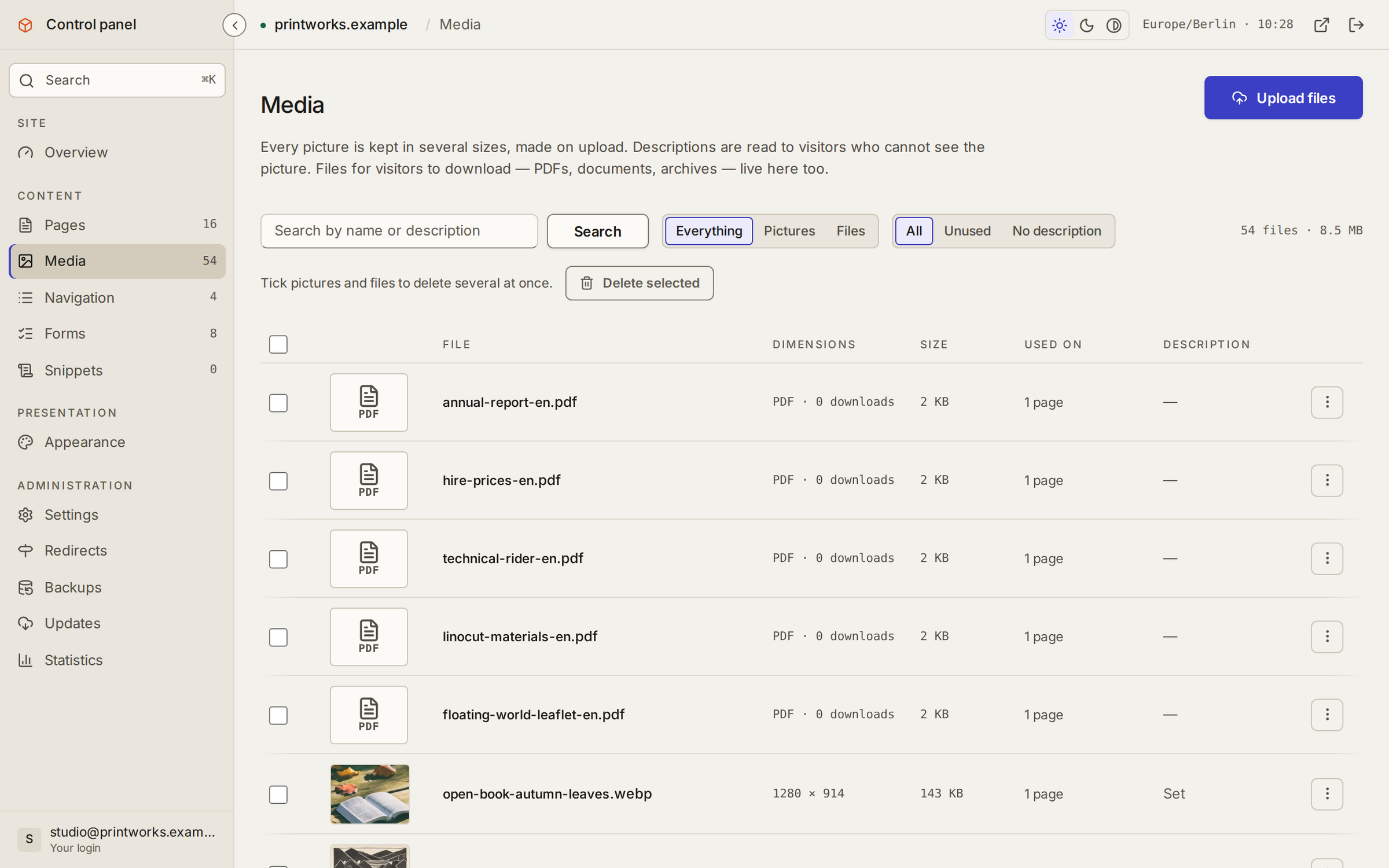 The media library: pictures and files in one list, with their sizes, downloads, where each is used and its description.