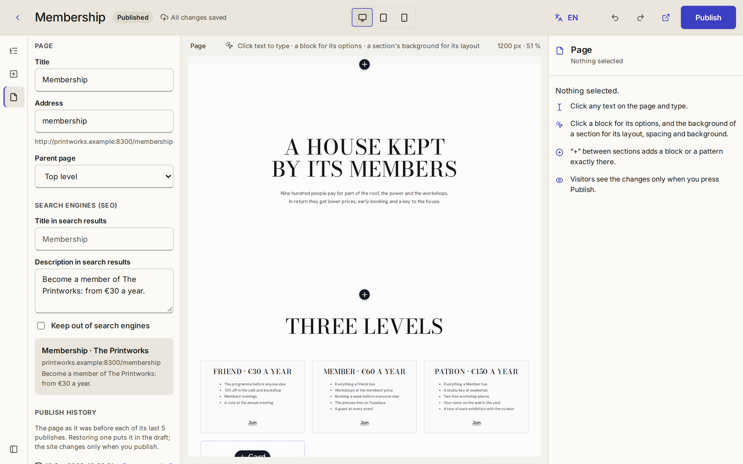 A page's settings in the builder: its address, its parent page, its title and description for search engines, and a preview of the search result.