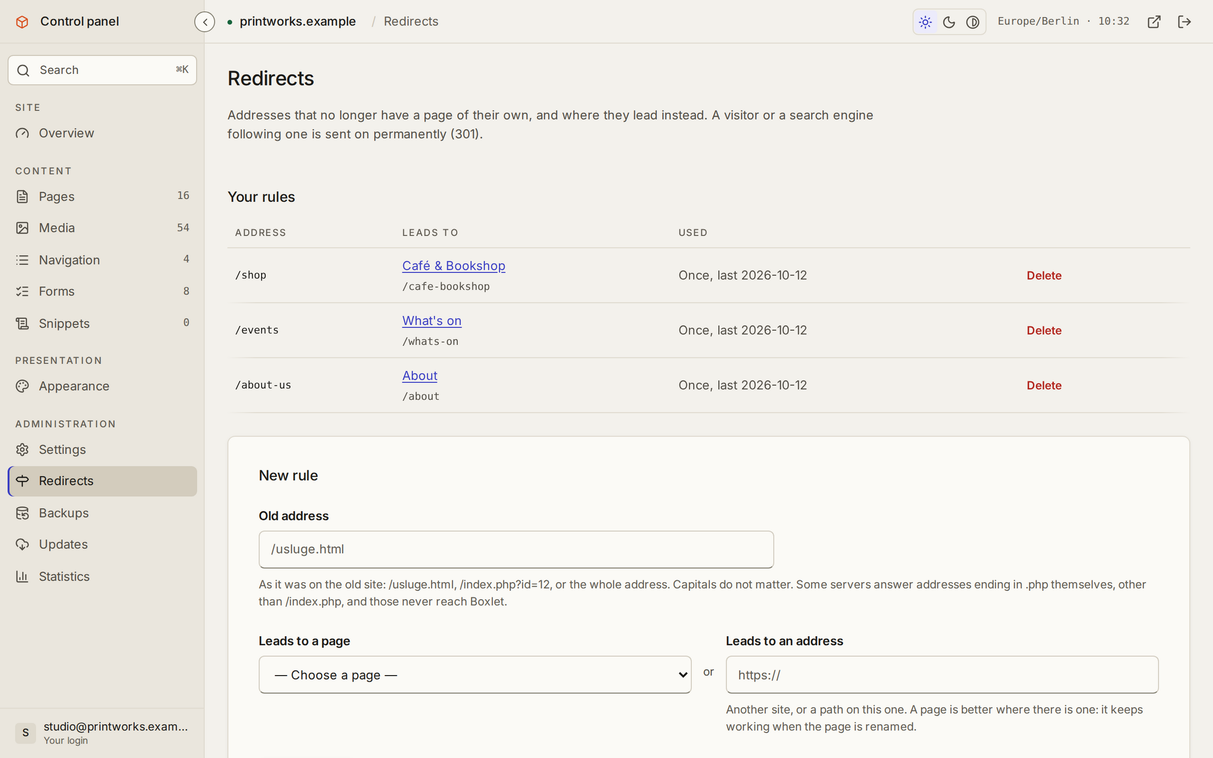 The Redirects screen: old addresses, where each now leads, and how often each was used.