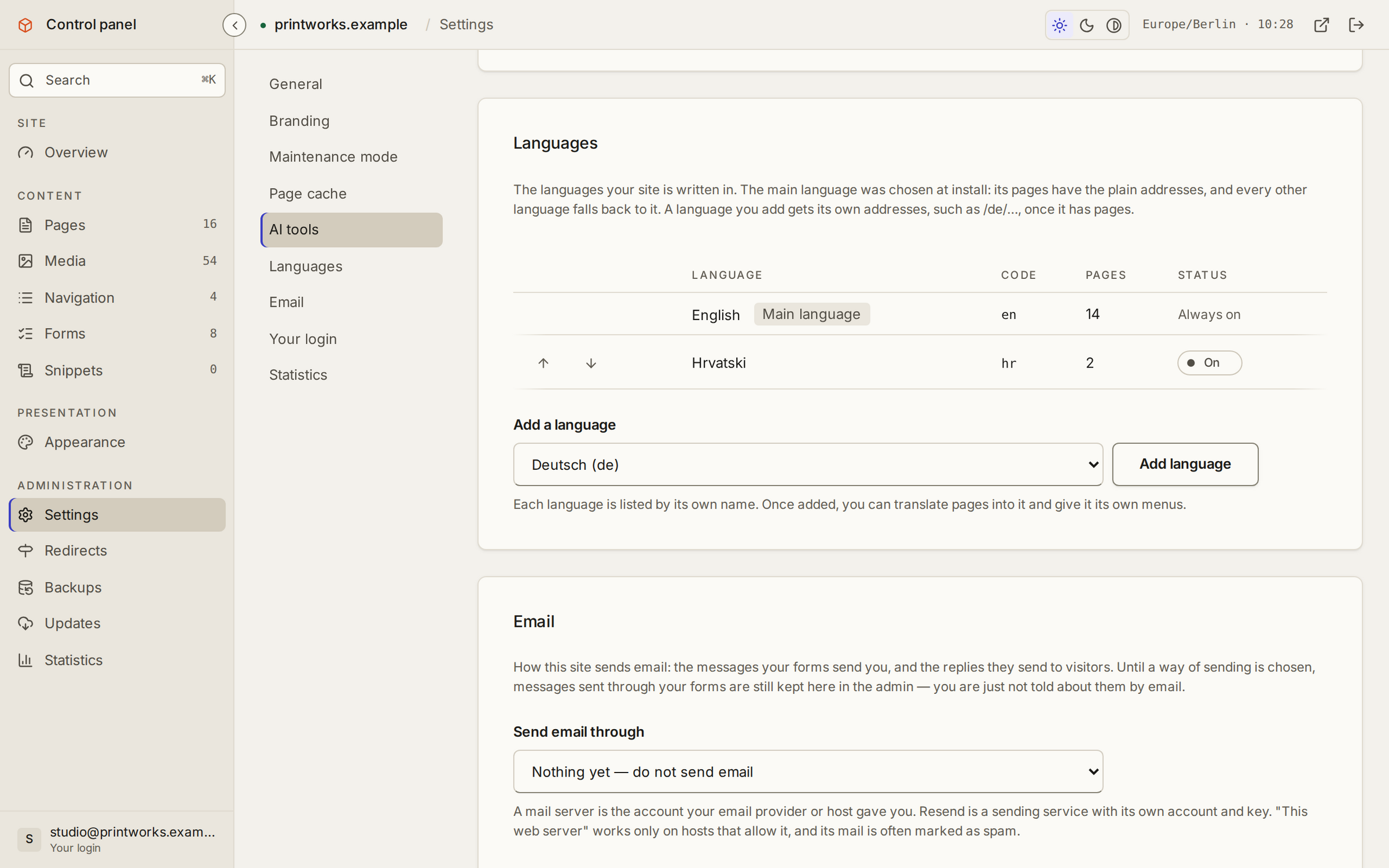 The language settings: the site's languages with their codes and pages, and another language about to be added.