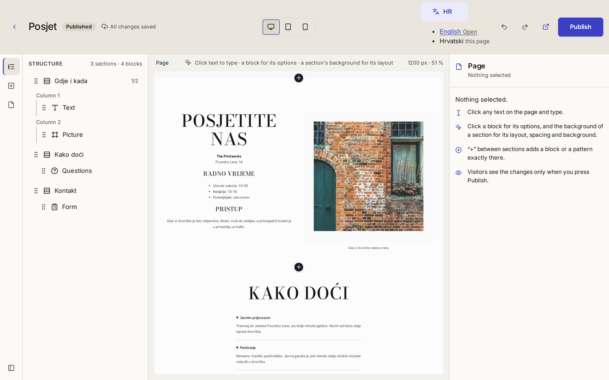 The builder with the Croatian translation of a page open, and the language menu linking it to the English one.