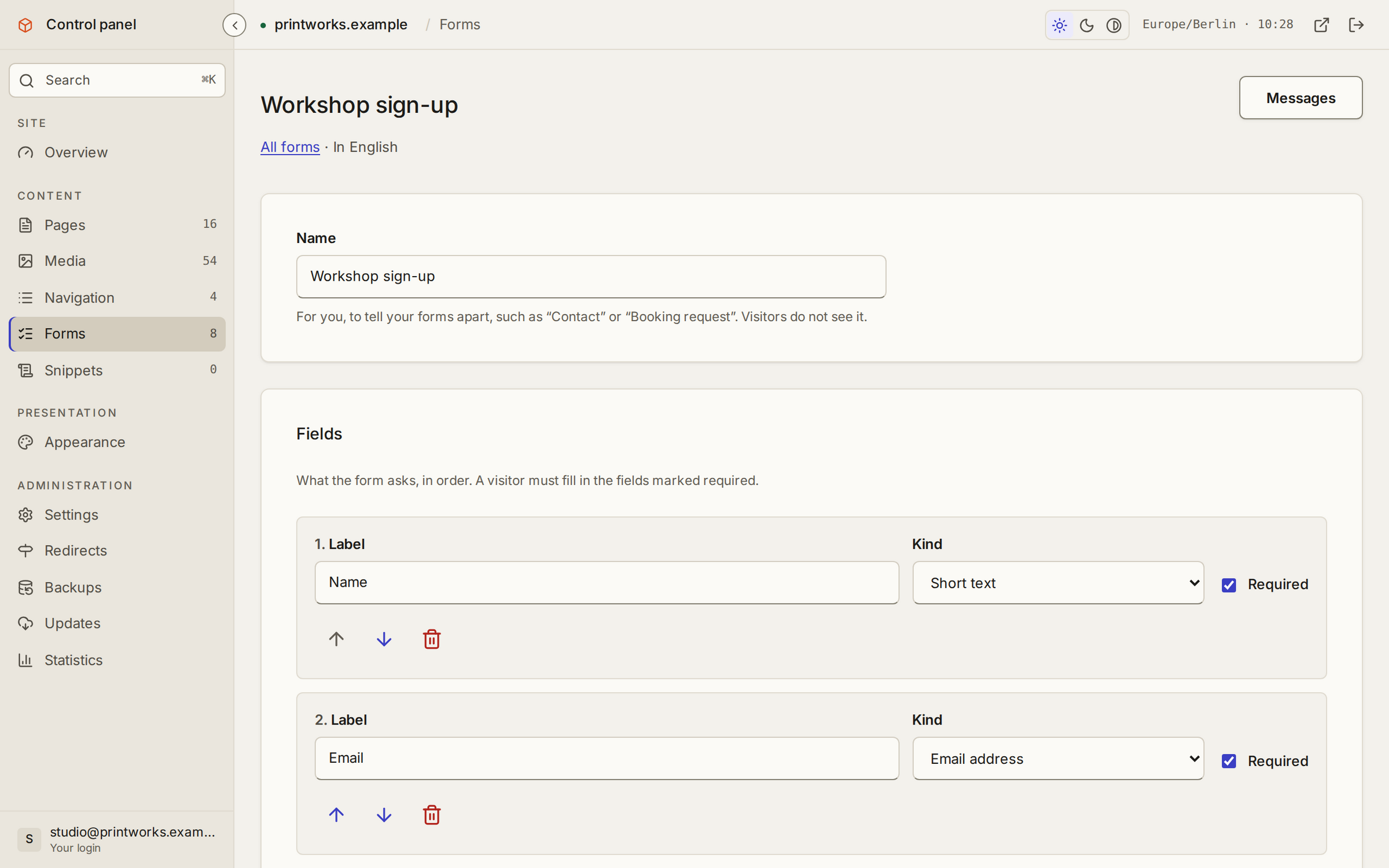 The form builder: a form's fields in order, each with its type and whether it is required.