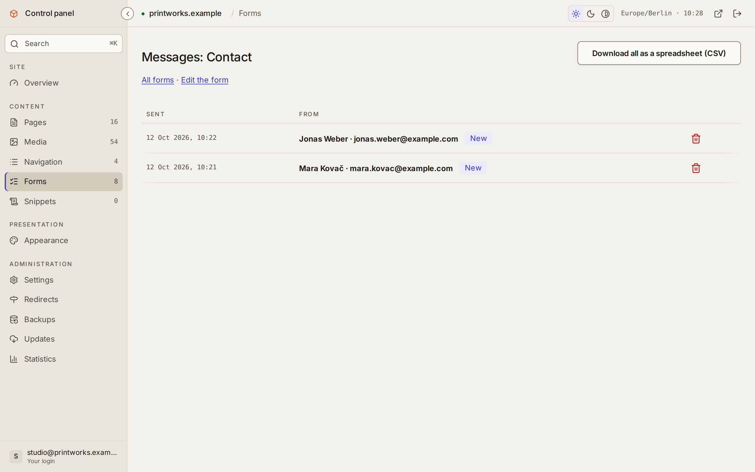 The messages sent through the site's forms, in a list.