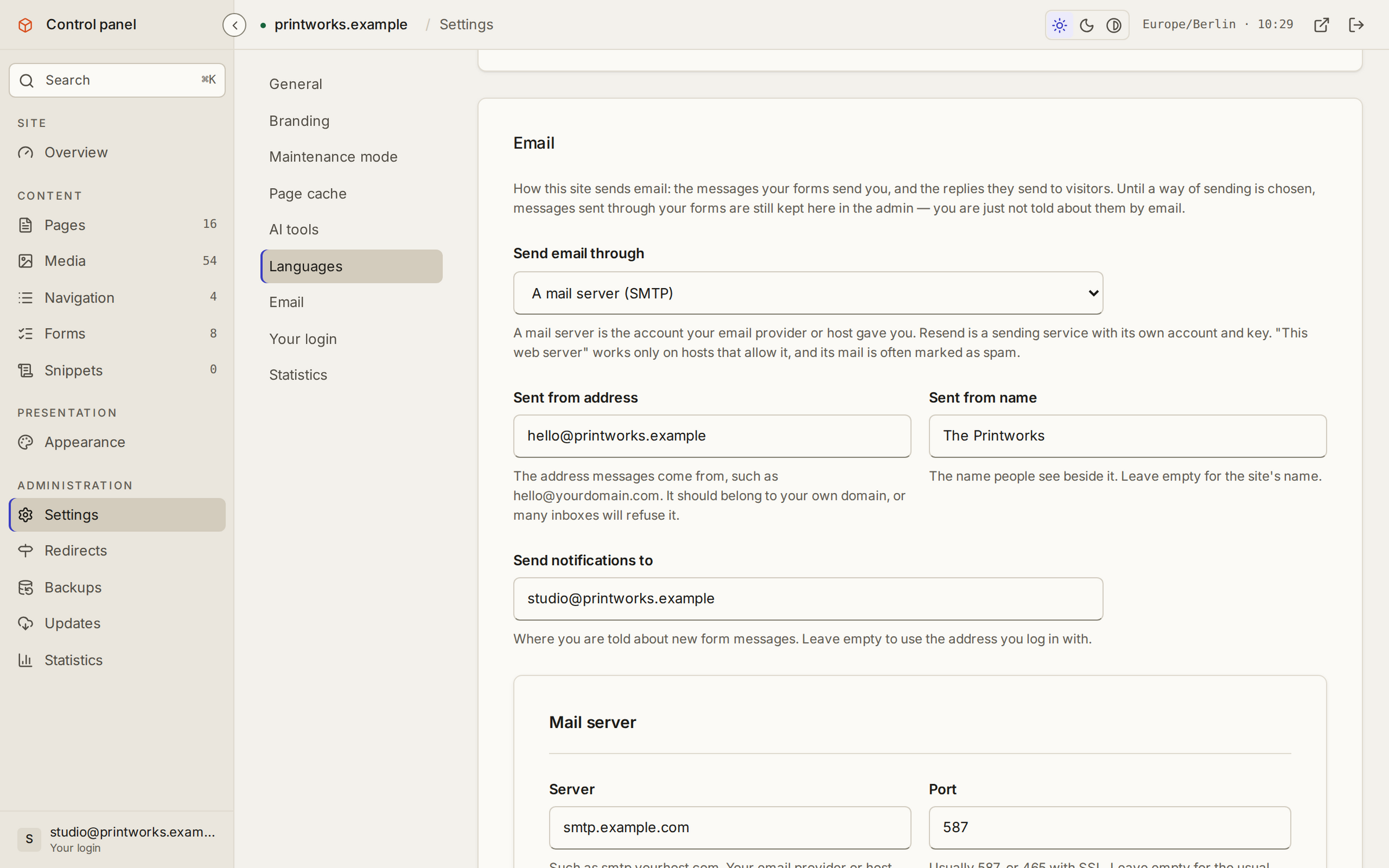 The email settings: sending through a mail server (SMTP), the address mail comes from, and where notifications go.