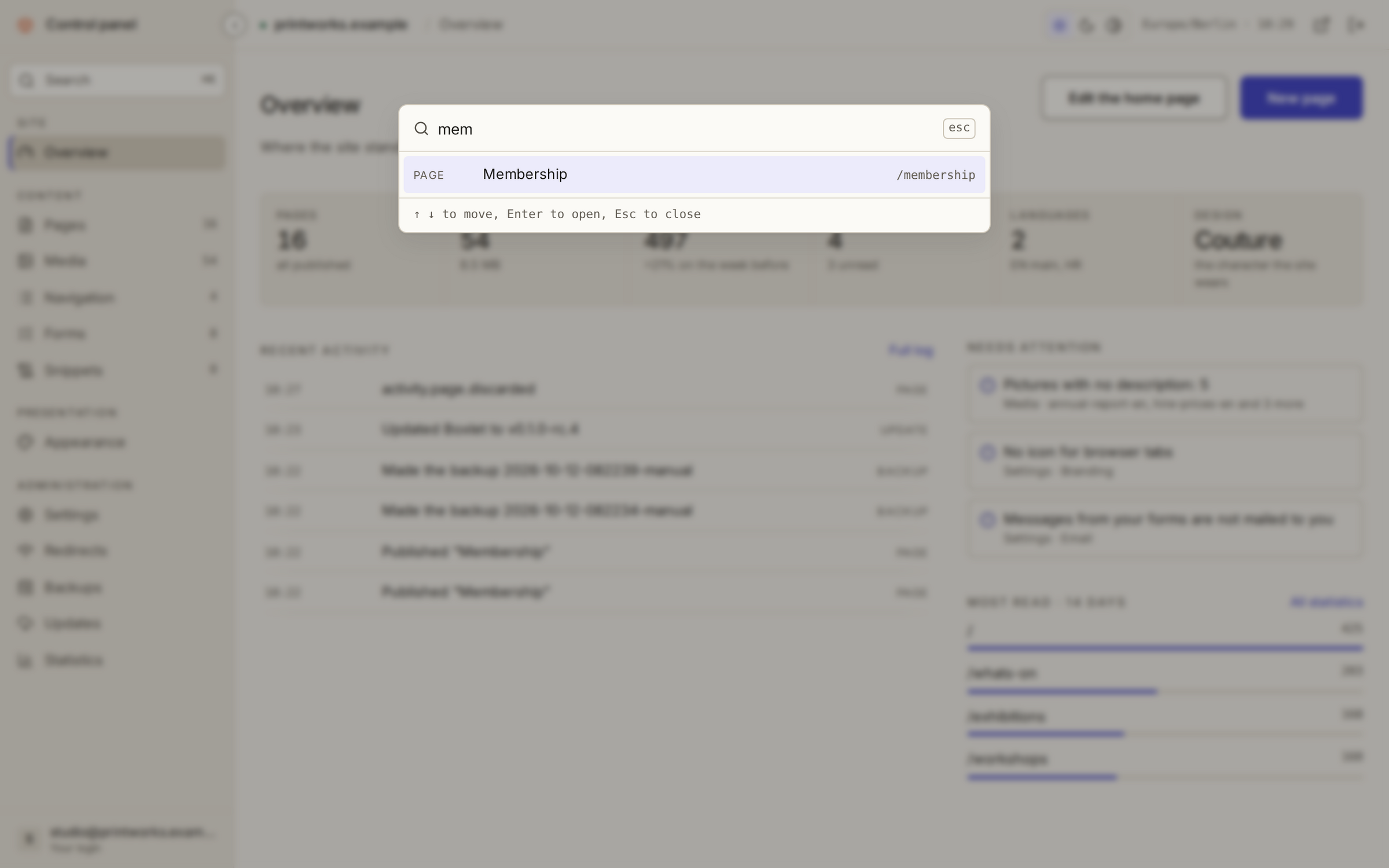 The command palette open over the admin, finding the Membership page from three typed letters.
