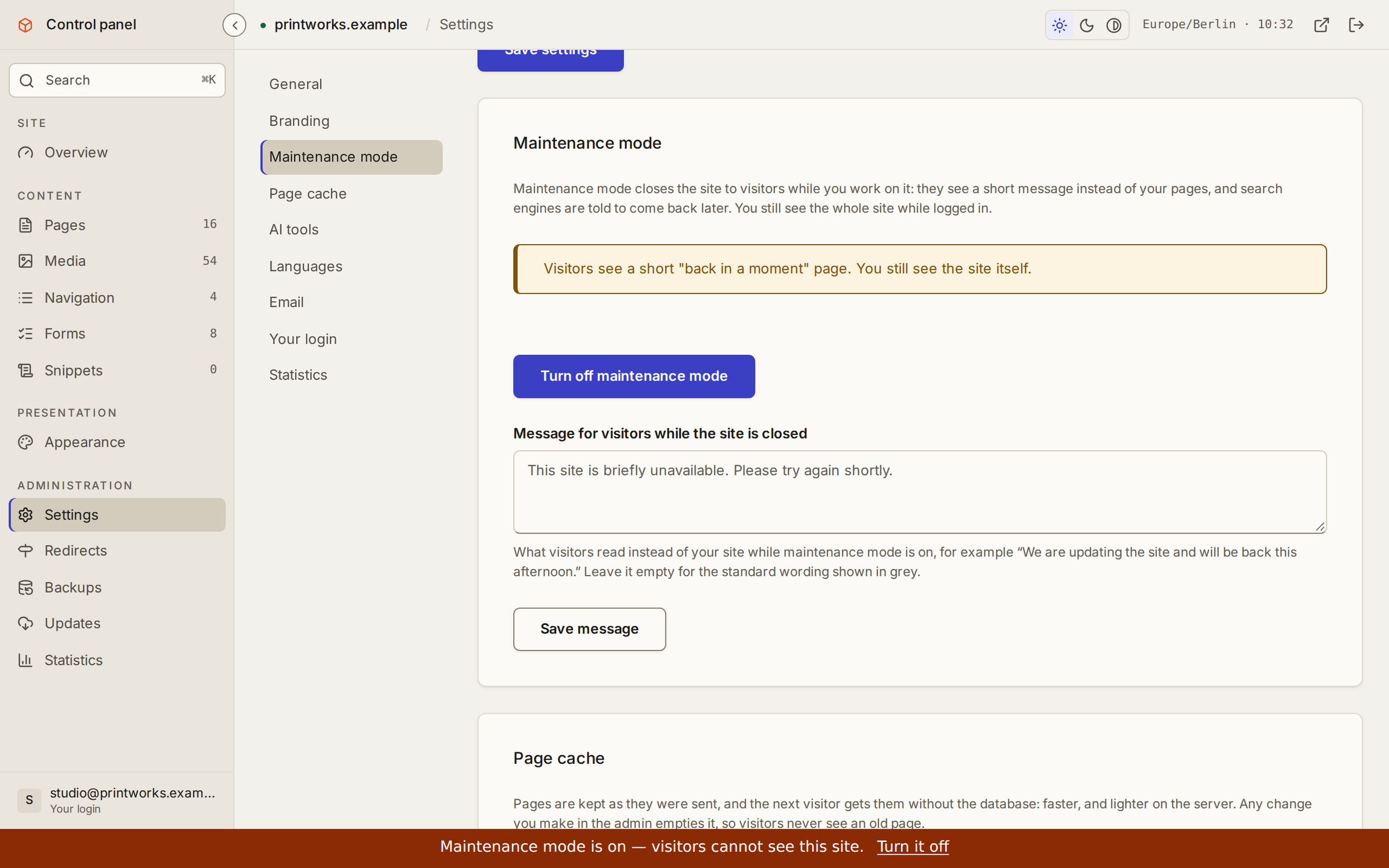 Maintenance mode switched on in the settings, with the message visitors see while the site is closed.