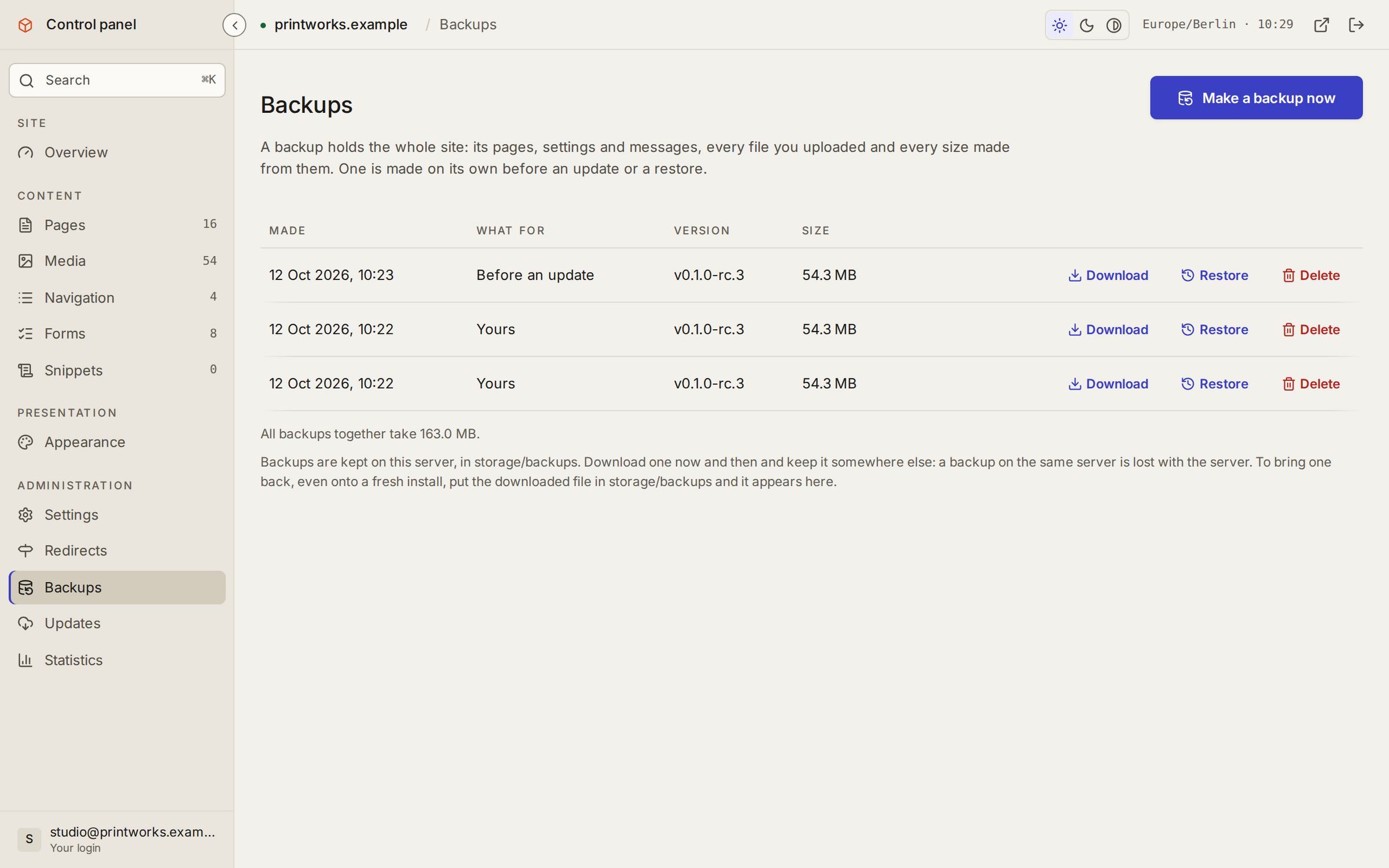 The Backups screen: the backups kept, each to download, restore or delete.