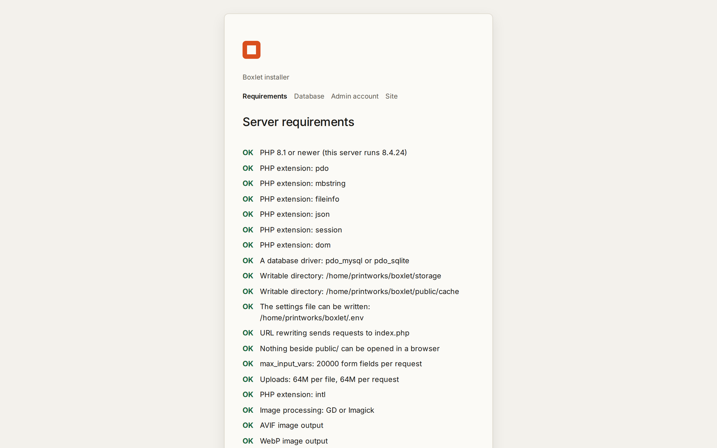 The installer's first step: every requirement of the server checked and passed.