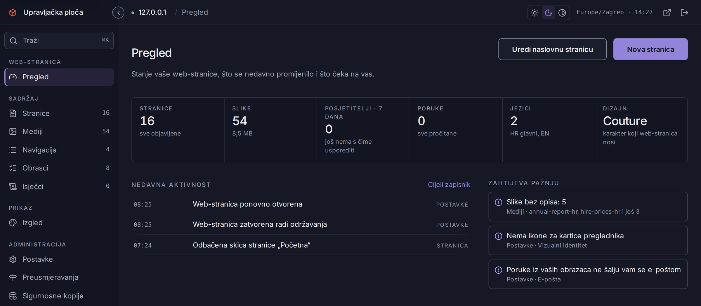 The Boxlet admin in Croatian: the Overview with pages, pictures, visitors, messages, languages and design.