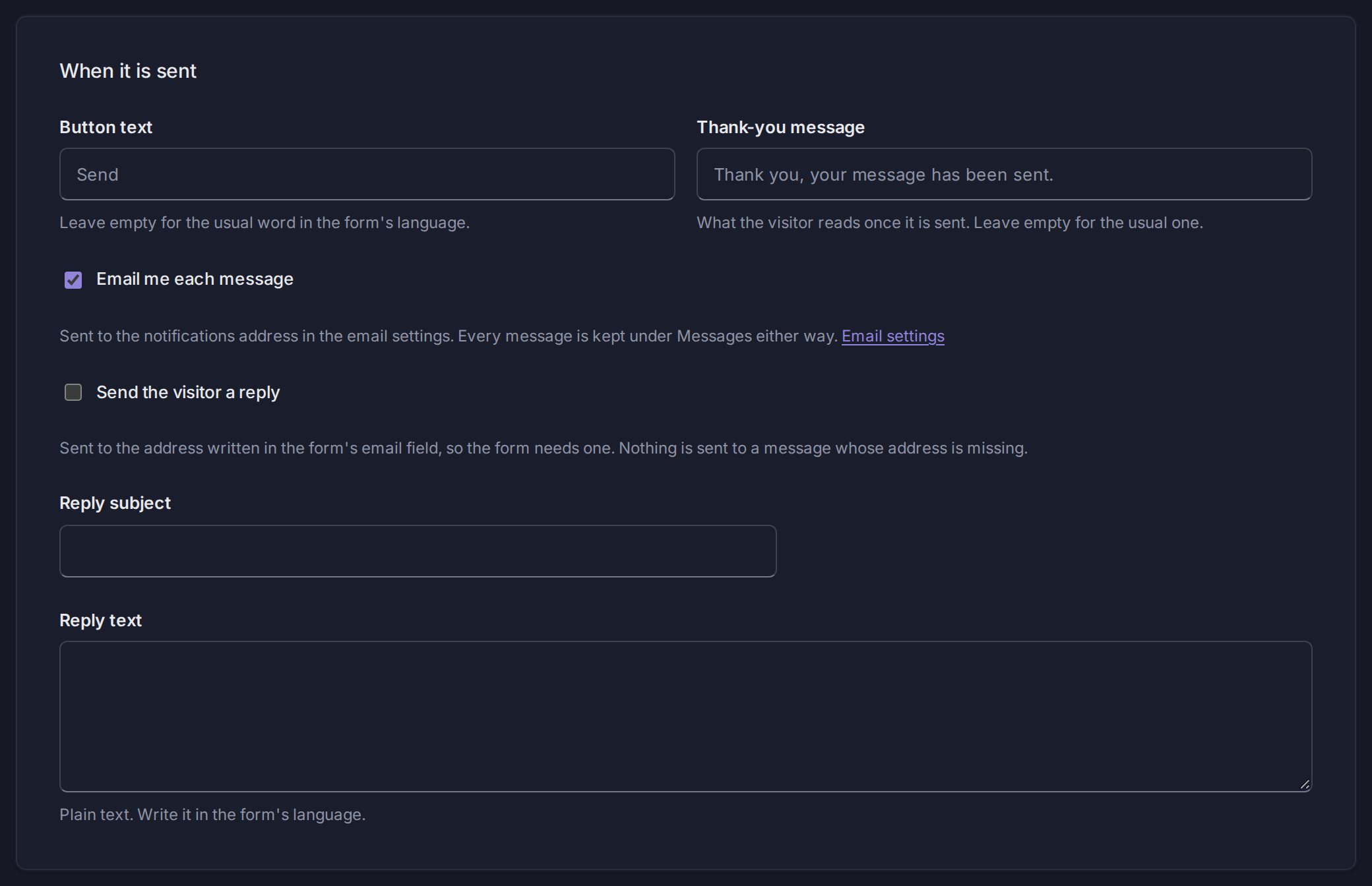 A form's settings for when it is sent: button text, thank-you message, email me each message, and a reply to the visitor.