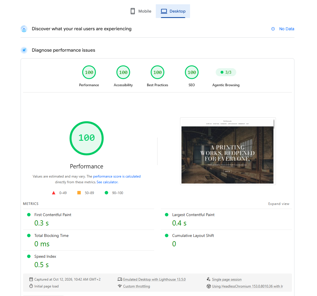 PageSpeed Insights for the demo on a computer: 100 for performance, accessibility, best practices and SEO, with 0 ms of blocking time.