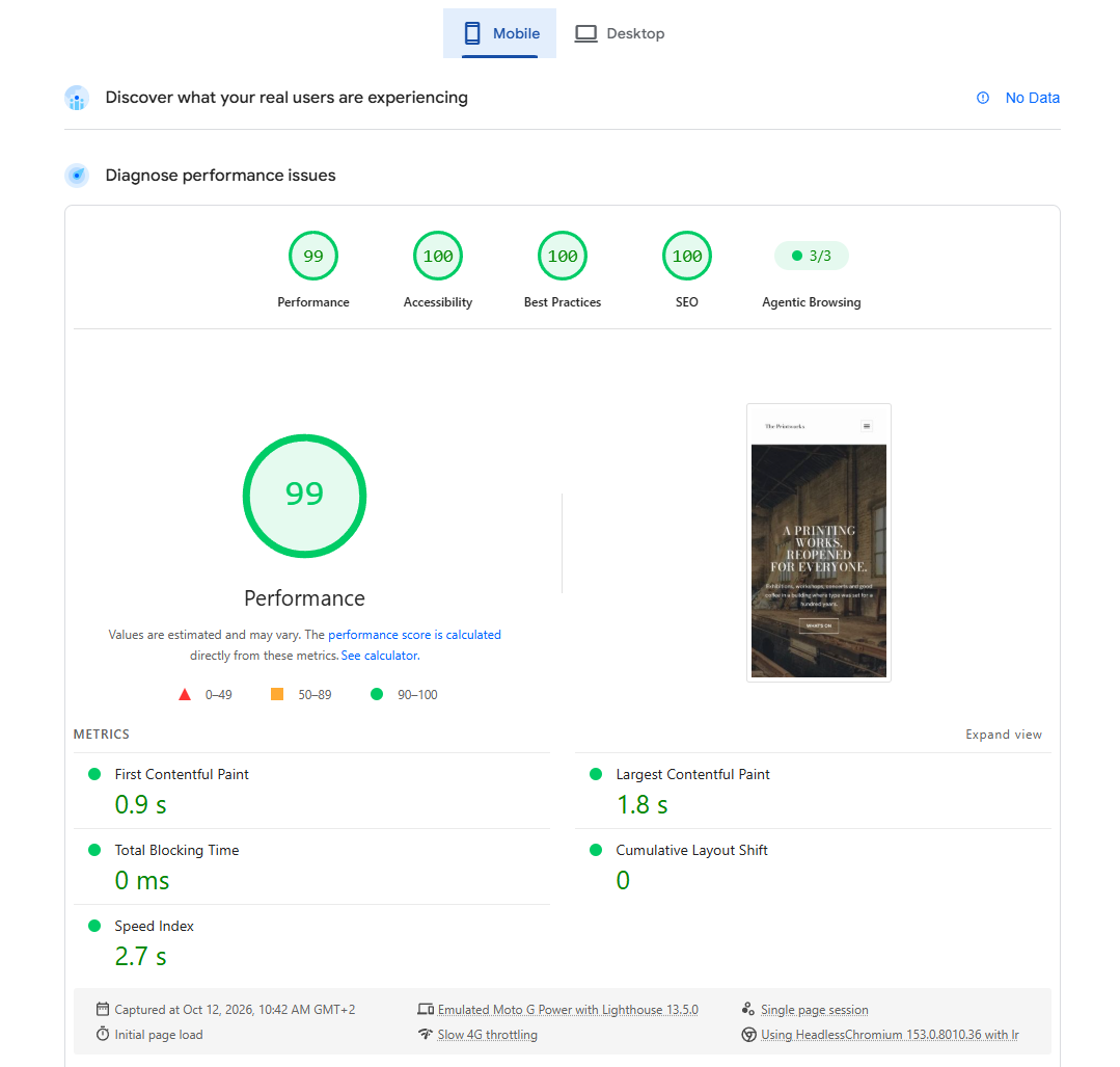 PageSpeed Insights for the demo on a phone: 99 for performance and 100 for accessibility, best practices and SEO, with 0 ms of blocking time.