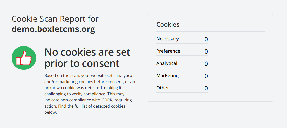 A cookie scan of demo.boxletcms.org: no cookies are set before consent, with 0 necessary, preference, analytical, marketing and other cookies.