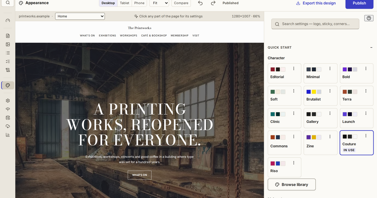 Appearance: the design sets to choose from, each with its colours, beside the demo's home page drawn in the one in use.