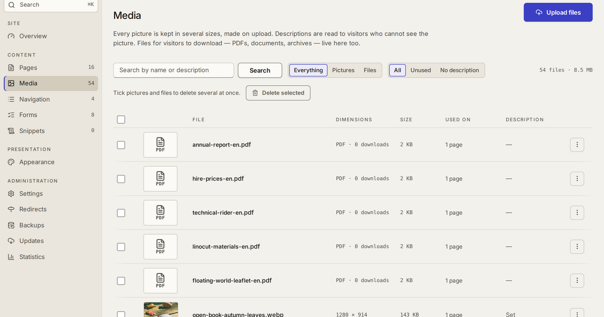 The media library: pictures and files in one list, with their sizes, downloads, where each is used and its description.