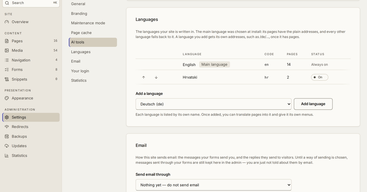 The language settings: the site's languages with their codes and pages, and another language about to be added.