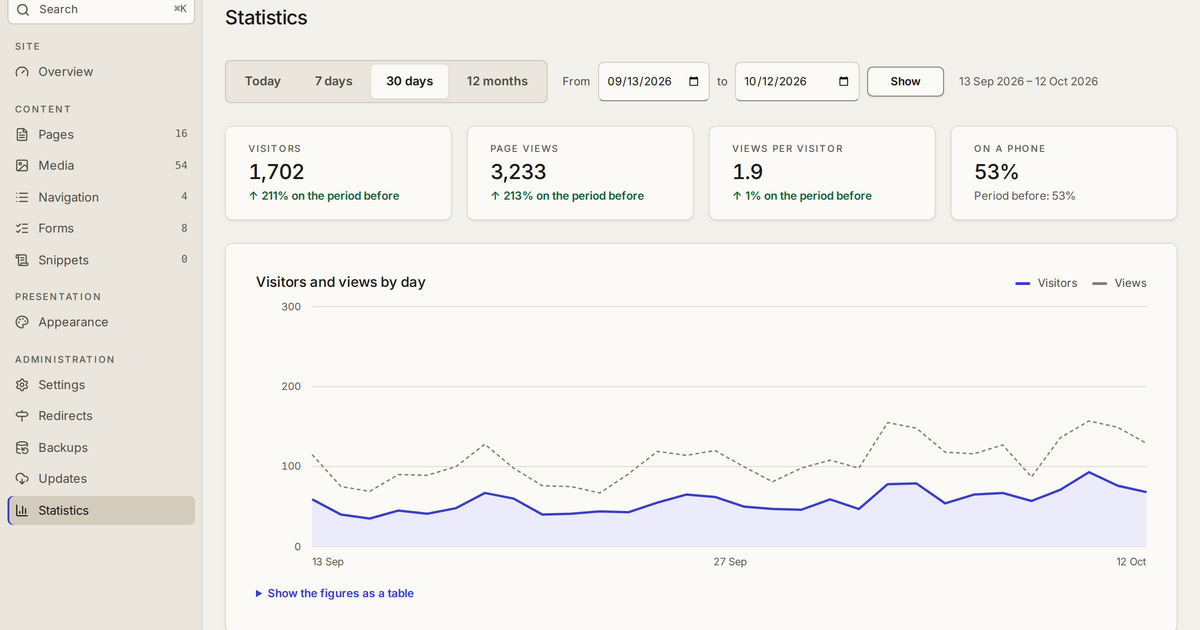The Statistics screen: visitors, page views and views per visitor for 30 days, each compared with the period before, and a chart of visitors and views by day.