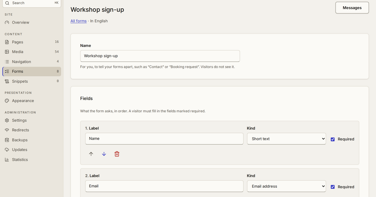 The form builder: a form's fields in order, each with its type and whether it is required.