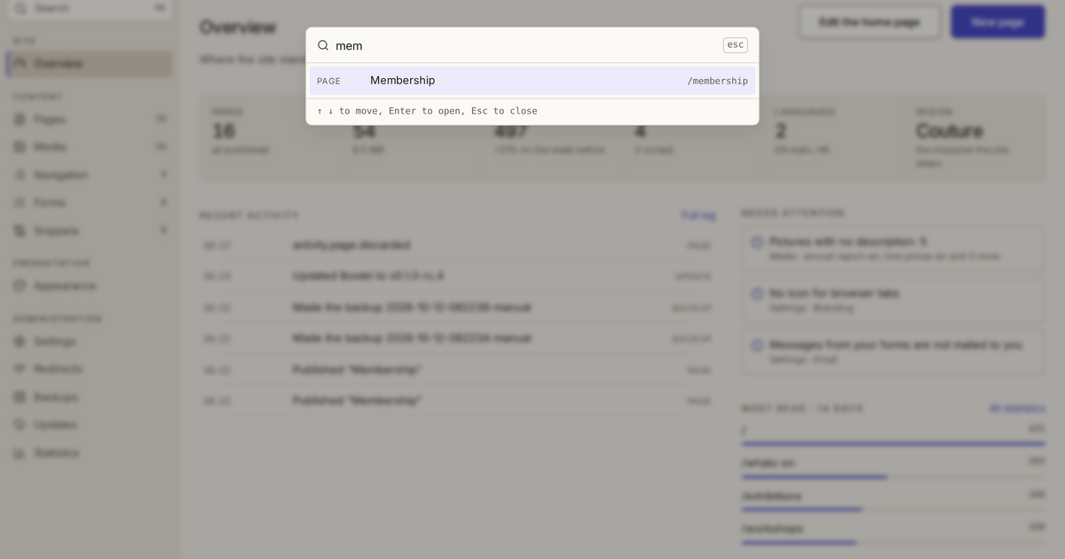 The command palette open over the admin, finding the Membership page from three typed letters.