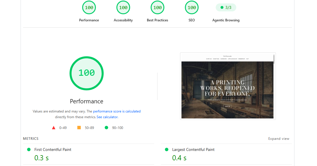 PageSpeed Insights for the demo on a computer: 100 for performance, accessibility, best practices and SEO, with 0 ms of blocking time.